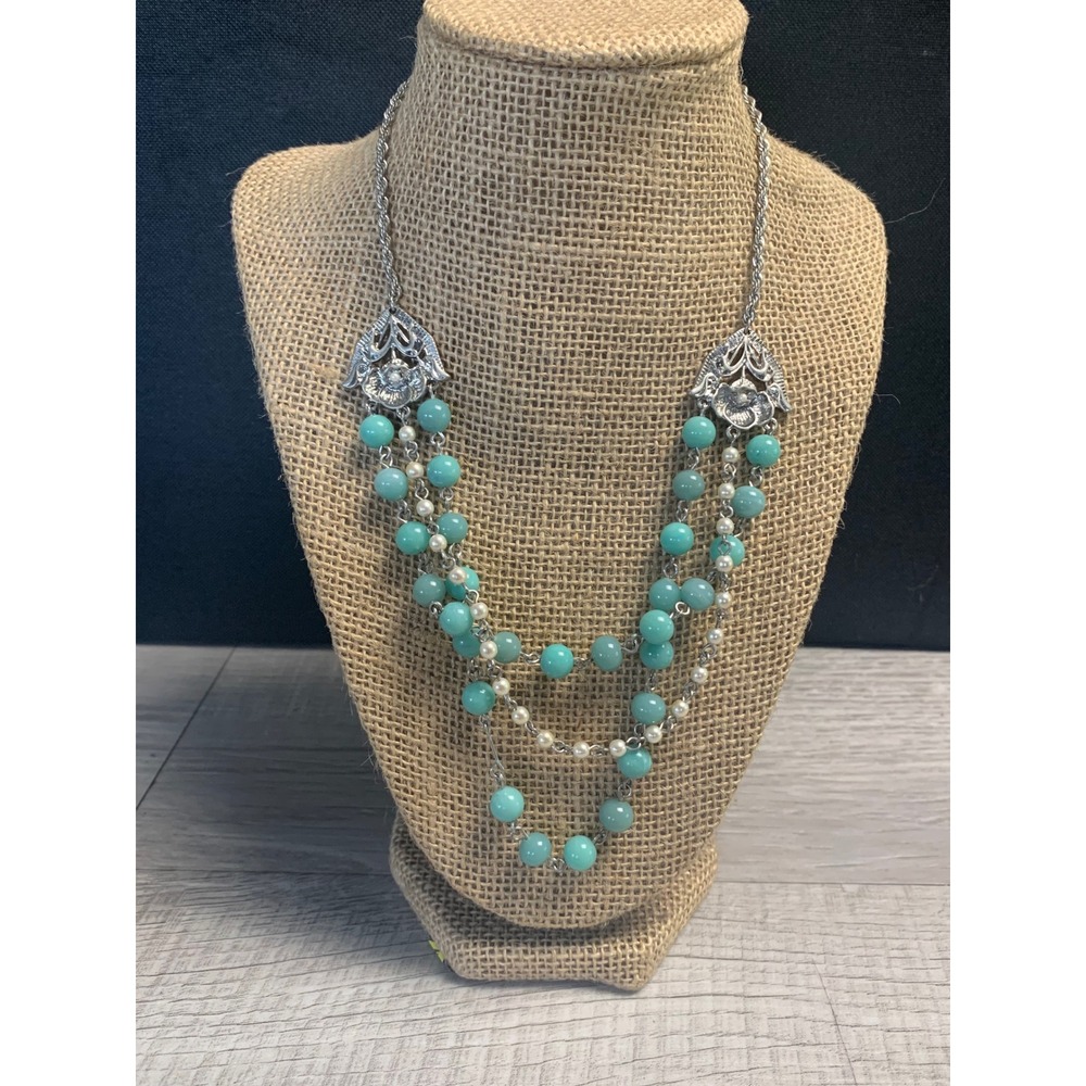 Lia Sophia Turquoise Bead Faux Pearl Multi Strand Silver Tone Necklace 16-19in